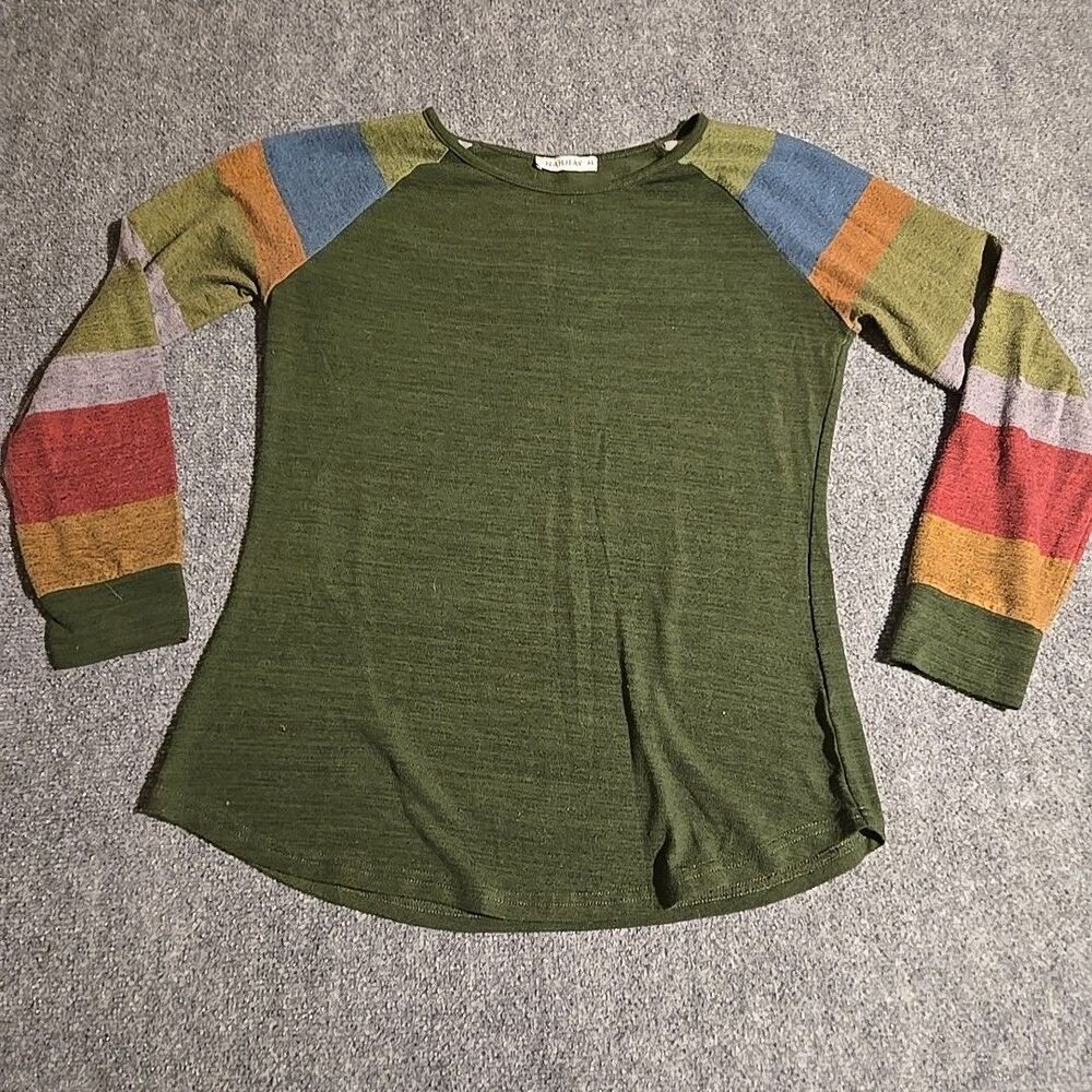 HARHAY Shirt Womens Medium Green Pullover Tunic Top Stripe Color Block